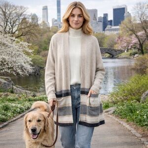 LOFT Soft Wool Blend Open Front Striped Cardigan Sweater XL NWT Pockets